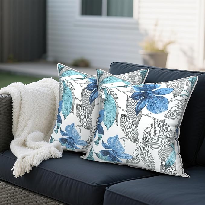 Outdoor Throw Pillows Inners, Fade Resistant Patio Furniture Square Pillows with Piping Set of 2 for Patio Furniture, 18x18 Inch, Clemens Blue
