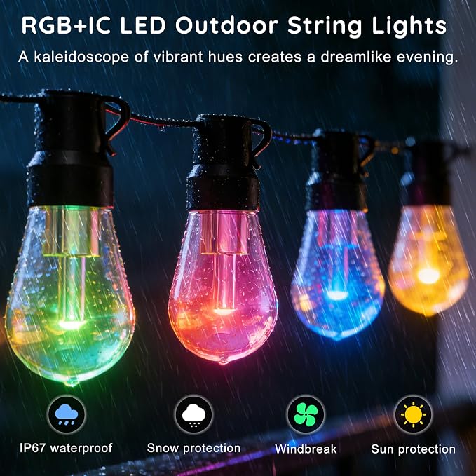 300FT RGB+IC Outdoor String Lights, Dimmable Shatterproof LED Bulbs, IP67 Waterproof DreamColor Chasing Lights, Multicolor Dynamic Lighting for Patio Balcony Garden & Outdoor Living Area Decoration