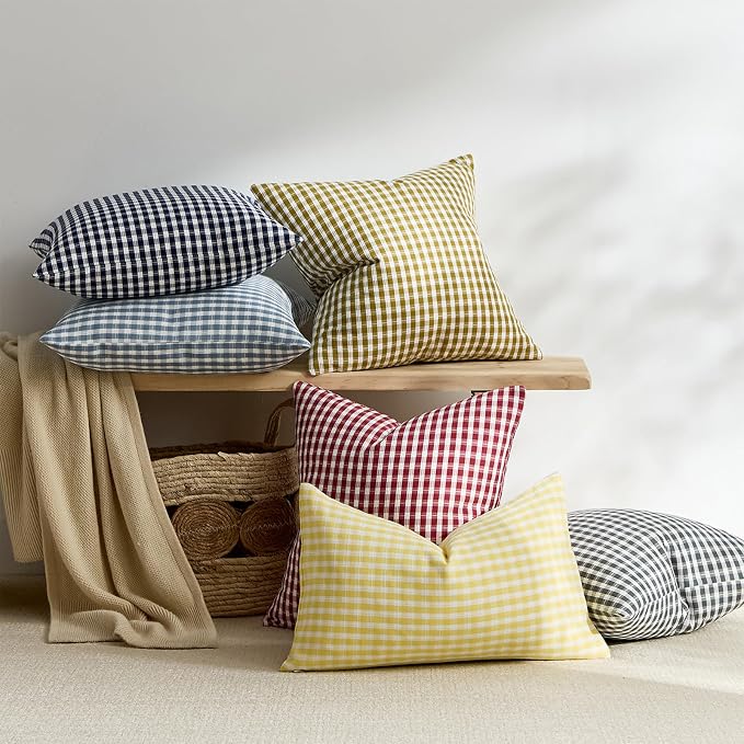 Plaid Outdoor Throw Pillow Covers 18x18 Set of 2, Waterproof Gingham Couch Pillow Cases, Farmhouse Boho Cushion Covers for Sofa Patio Summer Garden, Olive Yellow