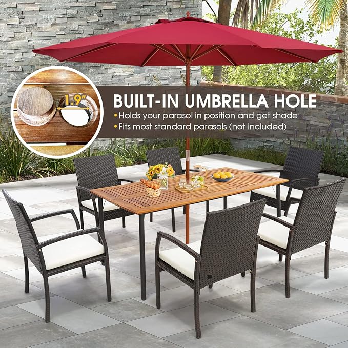 Tangkula 63" Acacia Wood Patio Dining Table for 6, Rectangular 6-Person Outdoor Dining Table with Metal Legs & Umbrella Hole, Indoor Outdoor Dining Furniture for Deck, Garden, Poolside & Backyard