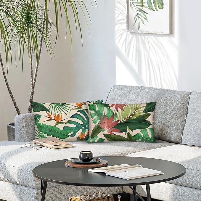 Bonhause Tropical Leaves Throw Pillow Covers 12 x 20 Inch Green Palm Leaf Monstera Botanical Pillows Case Polyester Linen Cushion Covers for Outdoor Couch Sofa Patio Decor Set of 2