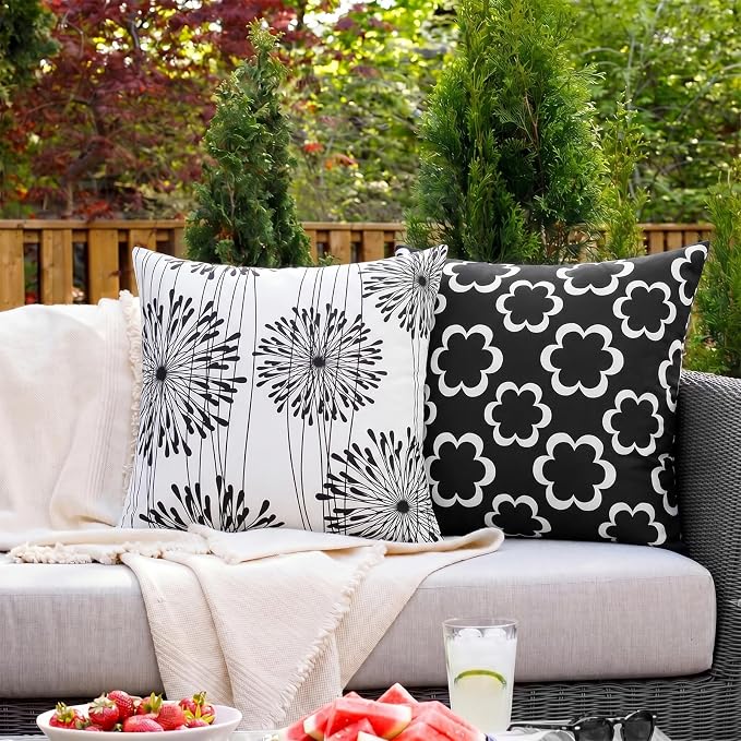 Adabana Outdoor Waterproof Floral Pillow Covers 18x18 Set of 4, Black | Waterproof Fabric Floral and Stripe Design for Patio, Couch, Garden Decor