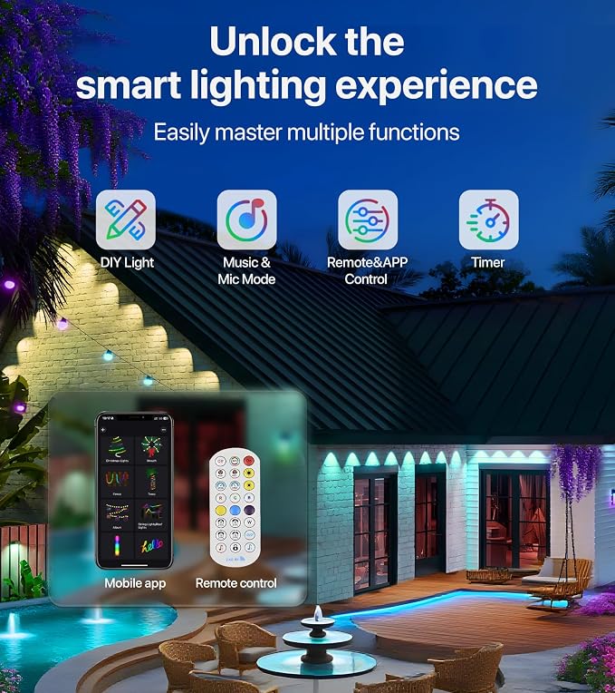 Permanent Outdoor Lights, 150FT RGB+IC Eave Lights with Music Mode | Permanent Outdoor Christmas Lights with RGB+IC Lighting, IP65, App & Remote Control for Eaves, Yard Parties, and Holidays