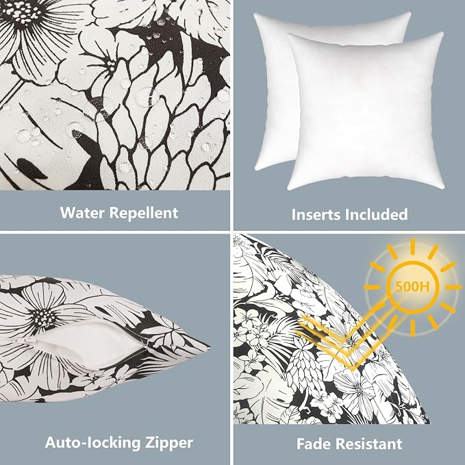 LVTXIII 2 Pack Outdoor Pillows 18x18 Inch, Square Throw Pillows with Inserts, Decorative Water-Repellent Pillow Cushions for Patio Furniture and Garden Sofa, Noir Floral