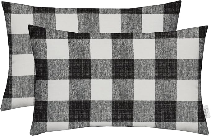 RSH DECOR: Lumbar Throw Pillows Set of 2 | 20" x 12" | All-Weather Spun Fabric | Water and Fade-Resistant | Outdoor Support Pillows for Patio Furniture | Black Buffalo Plaid