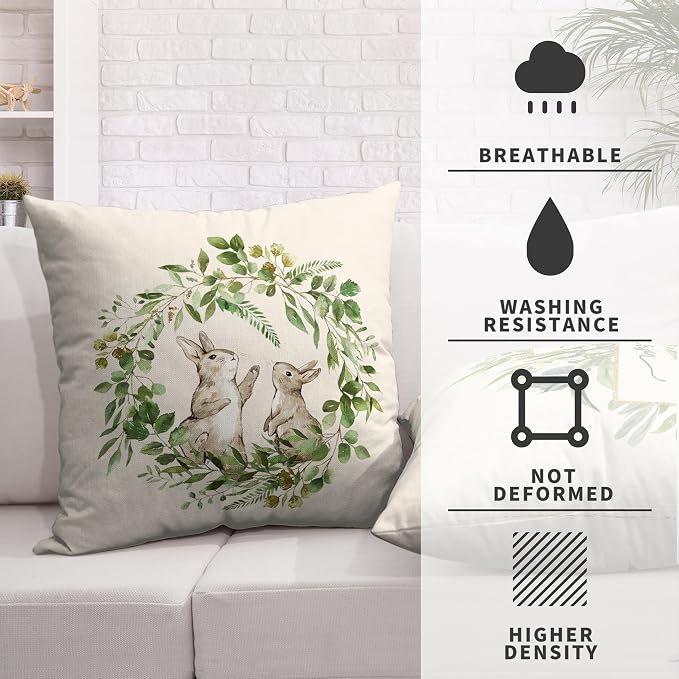 Spring Green Wreath Garland Throw Pillow Covers Easter Bunny Rabbit Pillow Case 20x20 He is Risen Cross Cushion Case for Living Room Home Decor Outdoor Car Set of 2