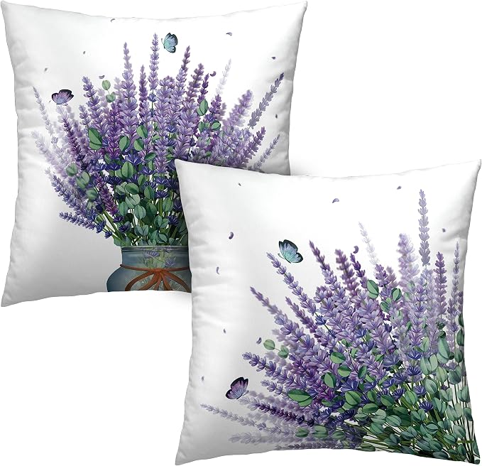Purple Lavender Pillow Covers 18x18 Set of 2 Modern Art Butterfly Throw Pillow Covers Spring Summer Farmhouse Square Pillowcases for Outdoor Sofa Garden Living Room