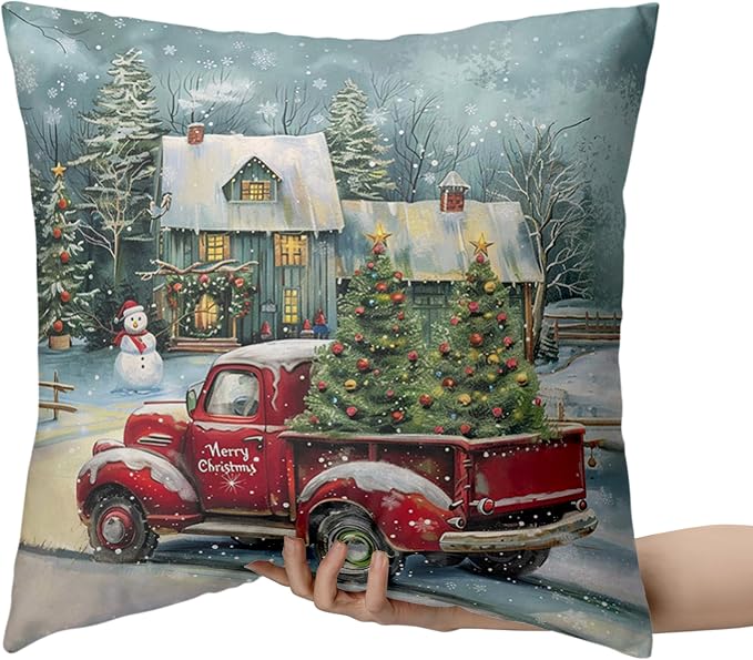 Red Truck Christmas Pillow Covers 22x22 Set of 2 Merry Christmas Pillow Case for Winter Holiday Decorations Couch Bedroom Xmas Tree Cabin Snowman Cushion Case