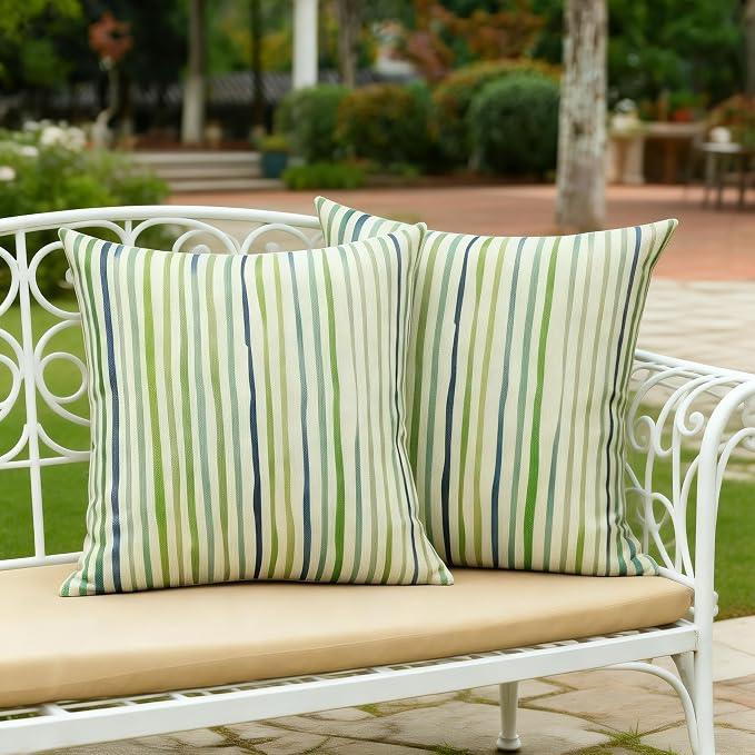 All Smiles Sage Green Outdoor Waterproof Throw Pillow Covers 20x20 Set of 2 | Spring Summer Decorative Cushion Cases Porch Decor for Patio Bench Garden Furnitures Couch Sofa,Sage Green Lines Stripes