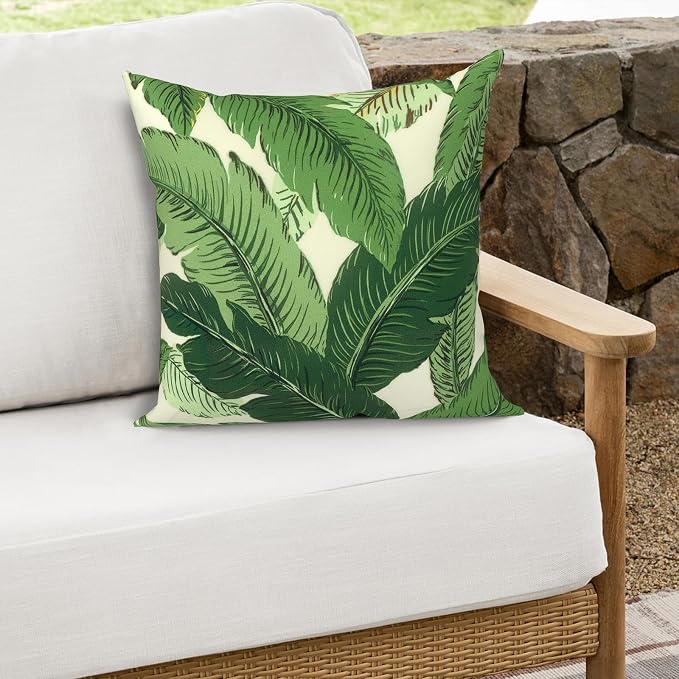 Outdoor Throw Pillows 16x16 Inch, Water Repellent Patio Pillows with Inners Set of 2 for Patio Furniture Home Garden, Swaying Palms Green