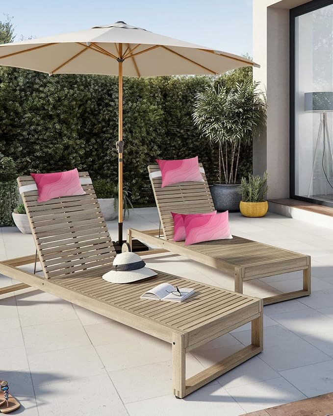Geometric Ombre Chaise Lounge Pillows Outdoor, Aesthetic Pink White Gradient Abstract Head Pillows, Modern Waterproof Patio Furniture Lumbar Pillows with Adjustable Elastic Strap for Recliner Beach