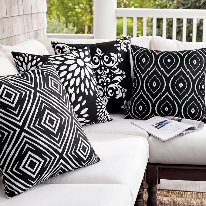 Adabana Outdoor Waterproof Floral Pillow Covers 18x18 Set of 4, Geometric | Waterproof Fabric Floral and Stripe Design for Patio, Couch, Garden Decor