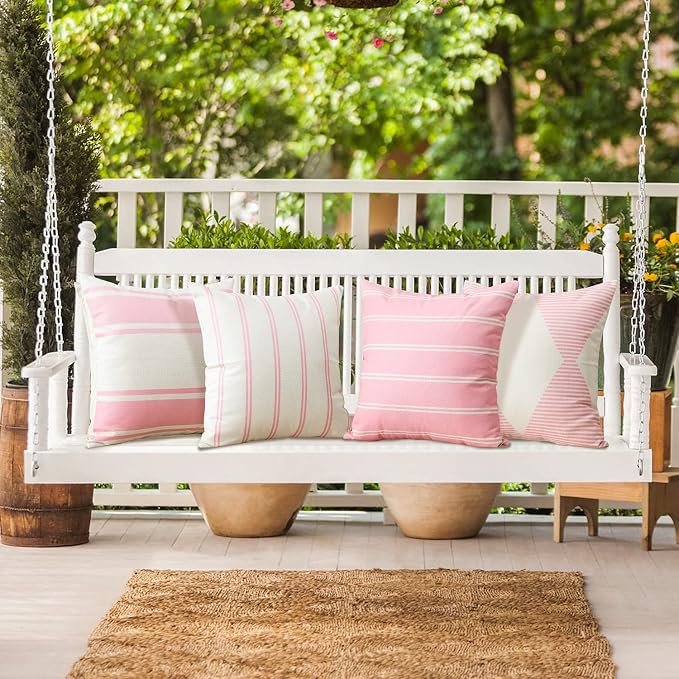 OTOSTAR Outdoor Waterproof Pillow Covers 18x18 Inch Geometry Decorative Throw Pillow Cases Square Modern Cushion Case Garden Throw Pillow Covers Pack of 4 Pillow Shell for Patio Furniture Couch (Pink)