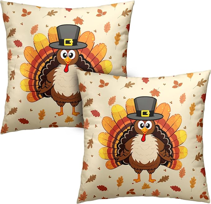 Thanksgiving Pillow Covers 16x16 Set of 2 Turkey with Maple Leaves Throw Pillow Covers Square Cotton Blend Pillow Case Thanksgiving Decorations for Living Room Couch