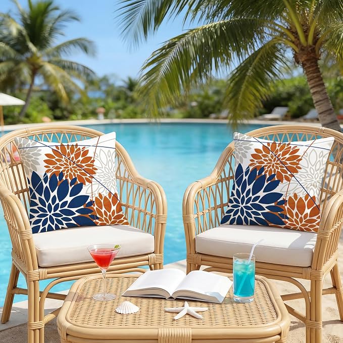 OTOSTAR Outdoor Dark Blue Orange Pillow Covers 18x18 Inch Set of 2 Beige Flower Throw Pillows Farmhouse Geometric Dahlia Floral Square Cushion Case Waterproof Decor for Sofa Patio Funiture Garden