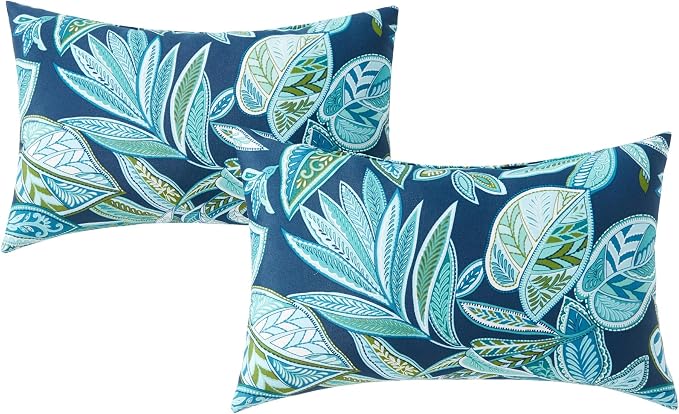 Set of 2 Outdoor Throw Pillows 19 x 12 Inch – Reversible Rectangle Patio Accent Pillows – Weather-Resistant Polyester Fabric – Eco-Friendly Recycled Polyfiber Fill – Botanical Crestwood