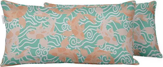 Indoor/Outdoor Polyester Fabric Lumbar Pillow Cover, All-Weather Waterproof Rectangular Cushion Case for Patio Furniture, 12 x 18 Set of 2 - Fish-25