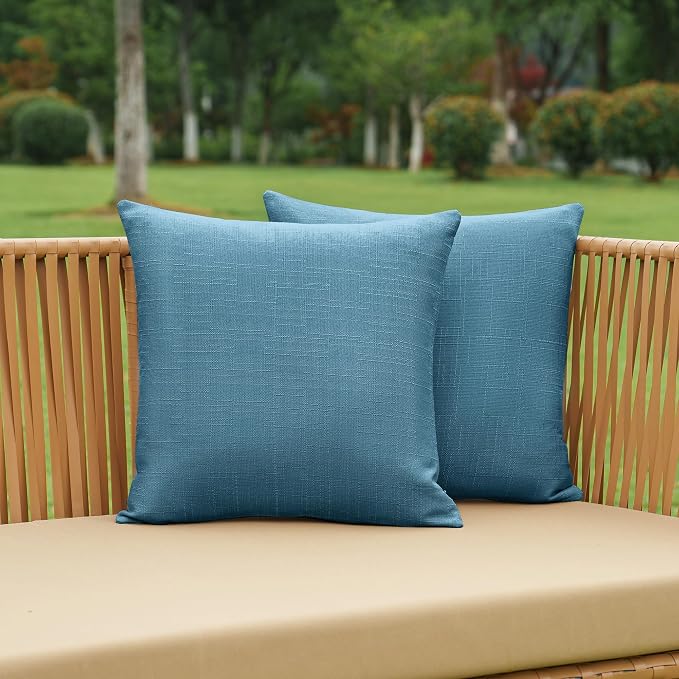 NiNi ALL Waterproof Outdoor Pillow Covers 18x18 Set of 2 Patio Dark Blue | Faux Linen Textured Decorative Solid Throw Pillow Covers Farmhouse for Garden Furniture Tent Balcony Couch Sofa Cushion