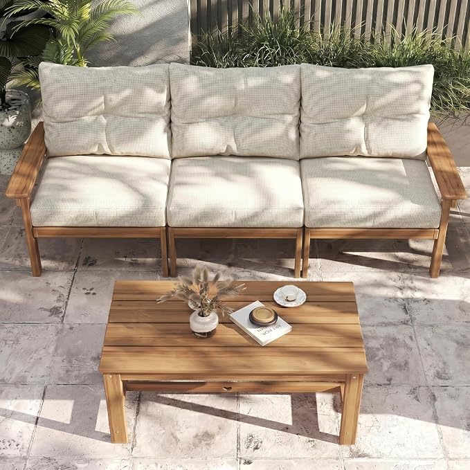 Beige HDPE Patio Sofa Set, 3-Piece Sectional Outdoor Patio Furniture Set, All Weather Outdoor Couch Set with Washable Thick Cushions for Lawn, Garden, Balcony, Deck, Porch, Yard