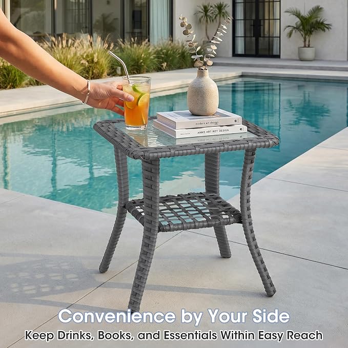 5 Piece Patio Furniture Set, Grey Wicker Outdoor Conversation Set with 2 Wicker Chairs, Side Table and 2 Ottomans, 6-Inch Thick Cushions, Blue Olefin Covers for Patio and Porch