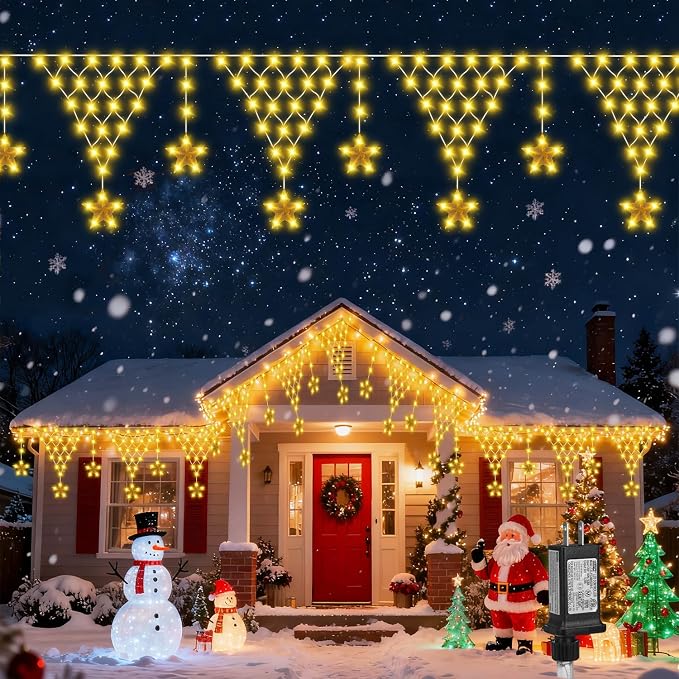 Outdoor Christmas Lights, 14FT 218 LED Curtain Lights, Hanging Fairy String Light, Plug-in LED String Light for Wedding, Party, Indoor, Christmas Decoration - Warm White