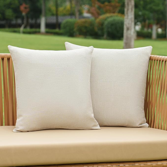 NiNi ALL Waterproof Outdoor Pillow Covers 20x20 Set of 2 Patio Beige | Faux Linen Textured Decorative Solid Throw Pillow Covers Farmhouse for Garden Furniture Tent Balcony Couch Sofa Cushion