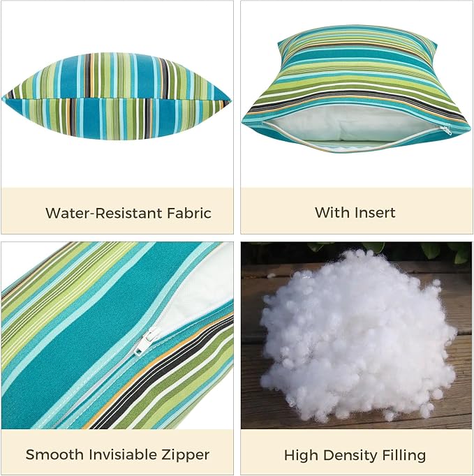 FUNHOME Outdoor Throw Pillows 18x18 inch,Decorative Throw Pillow with Insert Set of 2,Water Resistant Pillow for Patio Furniture Sofa Couch Chair(Green Stripe)