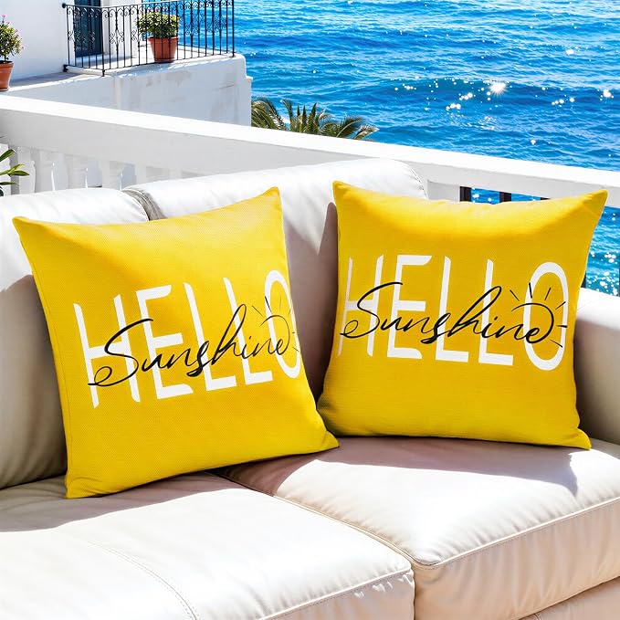 Lewondr Waterproof Outdoor Throw Pillow Cover, 18×18", Yellow | 2 Pack, Hello Sunshine Printing, Summer Garden Decor, For Patio Sofa, Balcony Couch, Bench Porch