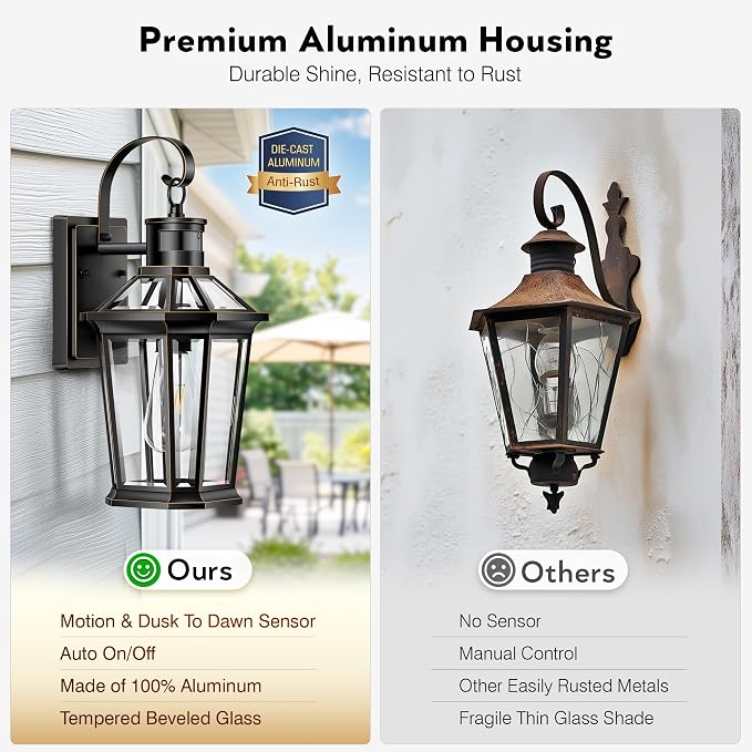 VIANIS Motion Sensor Outdoor Wall Lights, Dusk to Dawn Exterior Light Fixture Wall Mount for House Front Porch Light, Black Anti-Rust Aluminium Modern Outdoor Wall Sconce Lantern for Garage 2 Pack