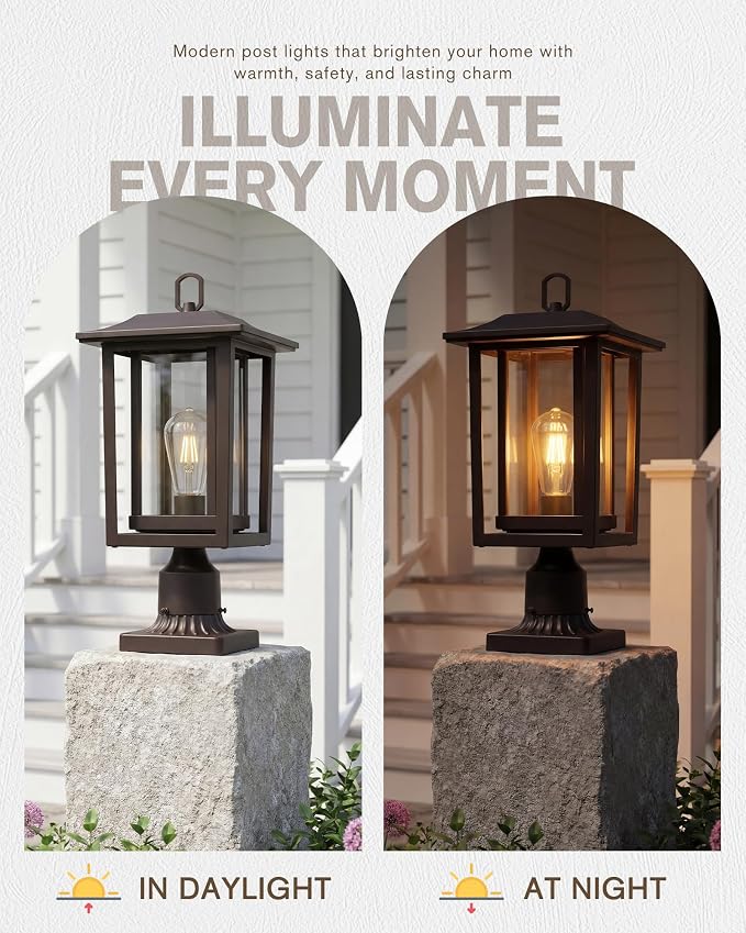 Beionxii Oil Rubbed Bronze Outdoor Post Lights 2 Pack, 19In Lamp Post Light Fixture for Outside with Pier Mount Base, Waterproof Aluminum Housing,ORB Column Mount Light(Hardwired 120V),BXA197-P-2P-ORB