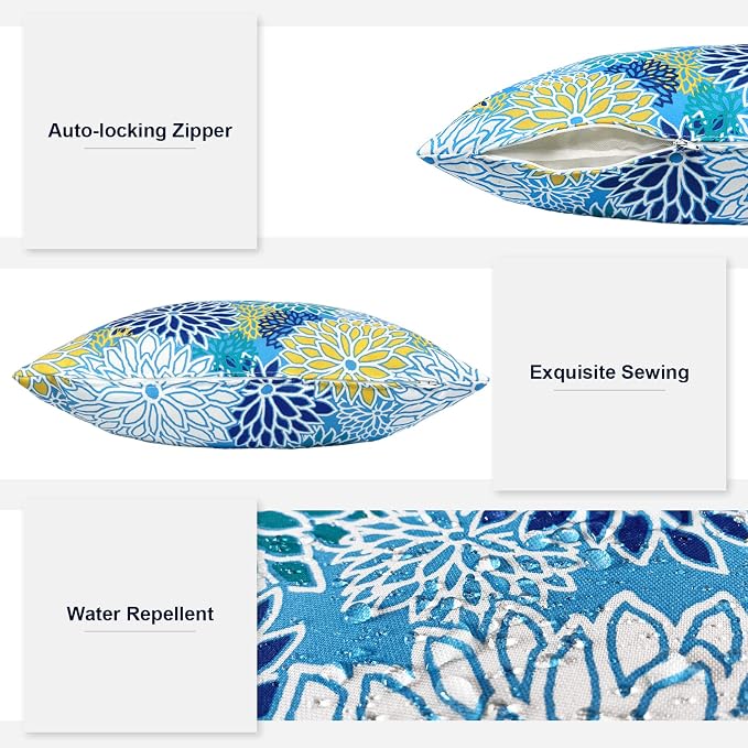 Outdoor Lumbar Pillows, Water Repellent Cushion Pillows 12x20 Inch, Outdoor Pillows with Inserts for Home Garden, Pack of 2, Dahlia Blue