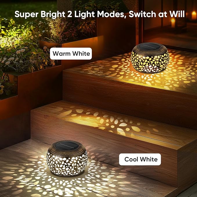 Solar Lanterns Waterproof Outdoor Decor: 2 Pack Hollow Out Retro Metal Solar Lights - Unique Gardening Gifts for Women Mom - Outside Garden Yard Patio Porch Tabletop Decorations 2 Lighting Colors