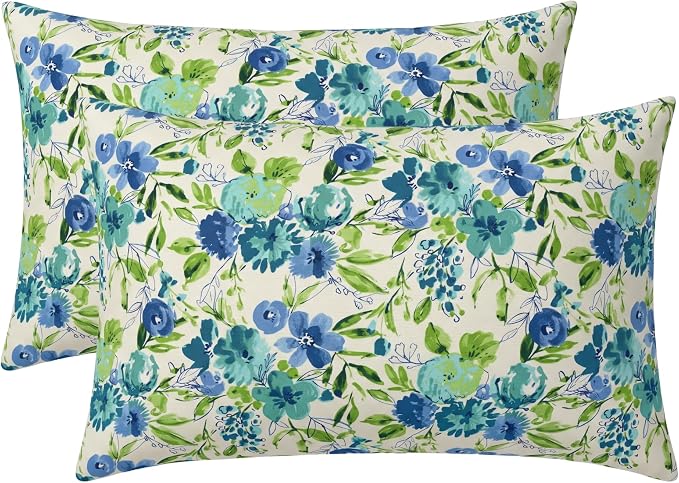 RSH DECOR: Lumbar Jumbo Throw Pillows Set of 2 | 26” x 16" | All-Weather Spun Fabric | Outdoor Support Pillows for Patio Furniture | Made in USA (Bettina Aqua)