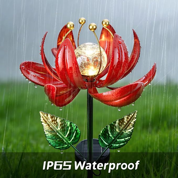 AIINY Solar Lights Outdoor Garden Decor, Solar Wind Spinner Yard Decorations Gifts for Outside, Lotus Windmill Pathway with LED Cracked Crystal Ball Waterproof Flower Sculpture for Patio Lawn