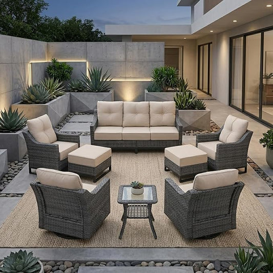 8 Piece Patio Furniture Set, Grey Wicker Outdoor Conversation Set with 2 Swivel Rocker Chairs, 2 Wicker Chairs, Sofa, 2 Ottomans and Side Table, Beige Cushions for Porch, Deck, Patio