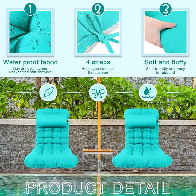 Tudomro Outdoor Chaise Lounge Cushion 66x21x4'' Waterproof & Fade-Resistant Patio Pool Chaise Lounge Cushion Headrest Pillow Tie Replacement Rocking High Back Chair(Turquoise,Set of 2)