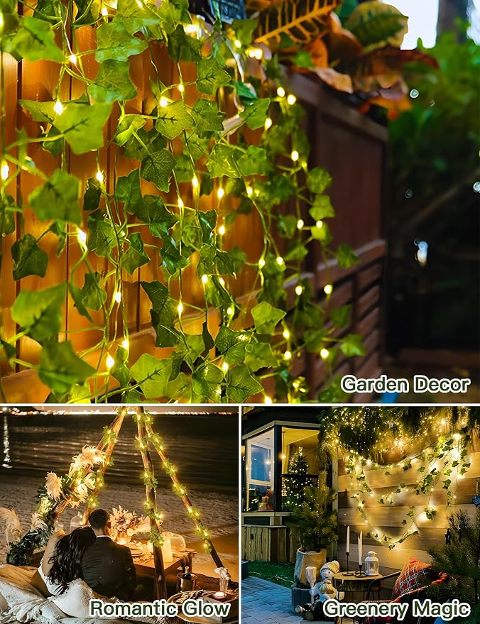 Solar Ivy String Lights, 33Ft 100 LED Vines with Lights Warm White