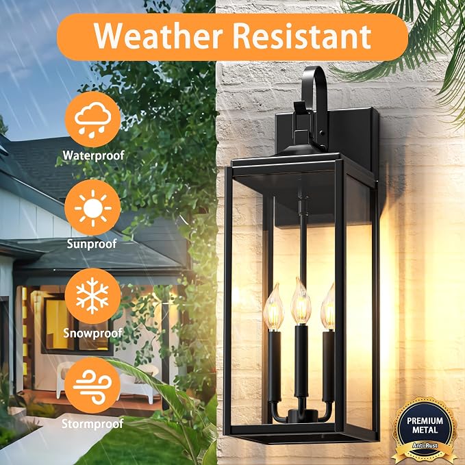 24" Extra Large Outdoor Wall Light 2 Packs, Exterior Lighting Fixtures | Black Outdoor Porch Lantern Wall Mounted, Waterproof Modern Outside Wall Sconce, E12 3-Light Coach Lamp for House Garage