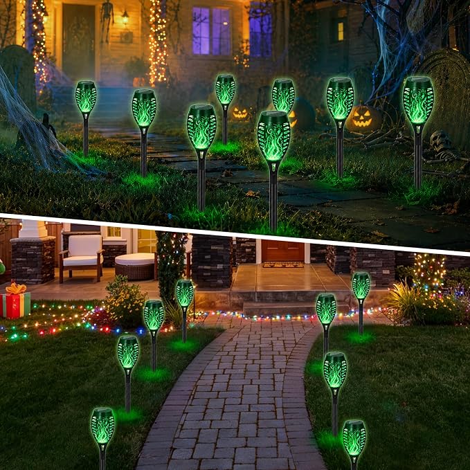 8 Pack Solar Lights Outdoor, Green Flickering Flame Torches | Green Flickering Flame, Long Nighttime Glow, Auto-On at Dusk, IP65 Weather-Resistant, Tool-Free Ground Setup