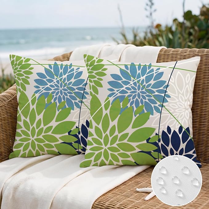 OTOSTAR Outdoor Green Blue Pillow Covers 20x20 Inch Set of 2 Dark Blue Flower Throw Pillows Farmhouse Geometric Dahlia Floral Square Cushion Case Waterproof Decor for Sofa Patio Funiture Garden
