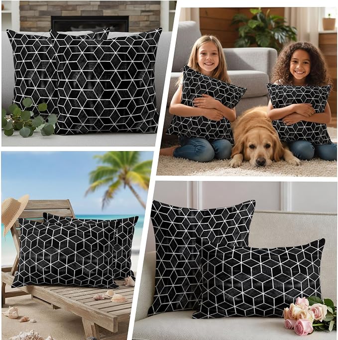 Black Honeycomb Tiling Waterproof Outdoor Pillow Covers Set of 2 Home Decor, Wooden Grain Blocks Lumbar Pillowcase Patio Pillow Covers for Couch Bench Patio Furniture Garden 20x12in