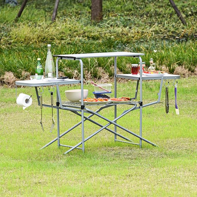 GYMAX Aluminum Folding Camping Table, Outdoor Grill Table with Side Table, Hooks & Carry Bag, Heavy Duty Picnic Table for Outdoor Backyard, Beach RVing Barbecue (Silver)