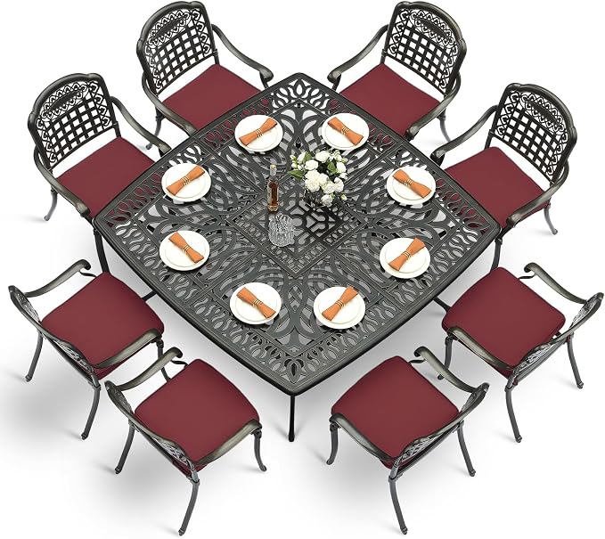 VIVIJASON 9-Piece Outdoor Dining Set, Cast Aluminum Retro Patio Furniture Table and Chairs Set for 8, Include Large 64" Square Dining Table and 8 Chairs with Umbrella Hole for Balcony Garden, Red