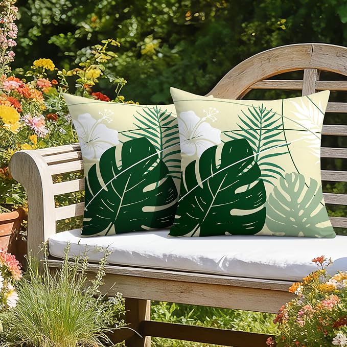 OTOSTAR Outdoor Waterproof Throw Pillow Covers 18x18 Inch Set of 2 Double-Sided Green Tropical Leaf and Flower Spring Summer Decorative Pillow Cases for Patio Funiture Garden Balcony Couch