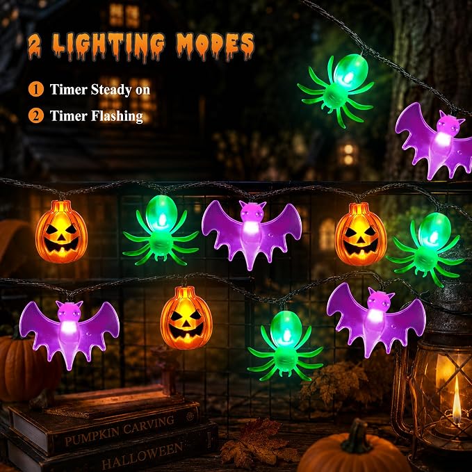 Mosoan [Timer] Halloween Lights 20Ft 30LED Battery Operated String Lights, Pumpkin Spider Bat Halloween Decorations Lights for Indoor Outdoor Party Home Yard Window Decor(Pumpkin Bat Spider)