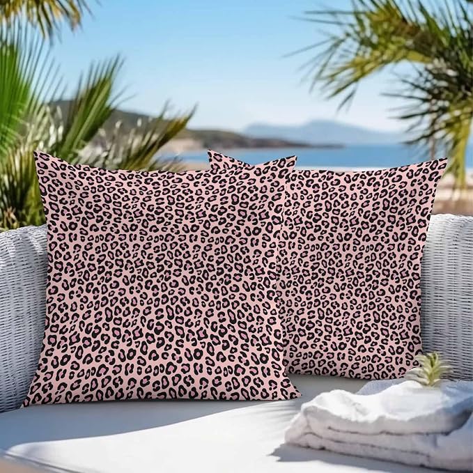 Vandarllin Outdoor Throw Pillows Covers 20x20 inch Set of 2 Waterproof Pink Leopard Print Decorative Zippered Cushion Covers for Patio Furniture, Luxury Animal Fur Pattern Lumbar Pillowcases