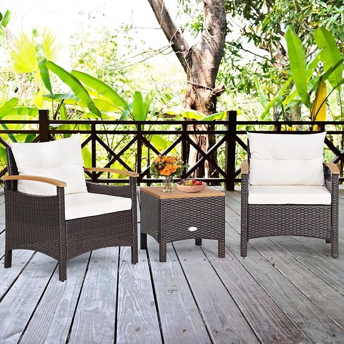 HAPPYGRILL 3-Piece Patio Furniture Set Outdoor PE Rattan Bistro Set with Coffee Table, Soft Seat Cushions & Throw Pillows, Acacia Wood Conversation Set for Patio Courtyard Poolside