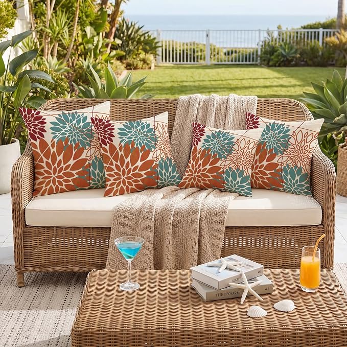 OTOSTAR Outdoor Orange Cyan Pillow Covers 16x16 Inch Set of 2 Red Flower Throw Pillows Farmhouse Geometric Dahlia Floral Square Cushion Case Waterproof Decor for Sofa Patio Funiture Garden