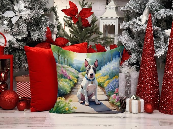 Caroline's Treasures Bull Terrier Spring Path Throw Pillow Machine Washable, Indoor Outdoor Decorative Pillow for Couch, Bed or Patio, 14Hx14W