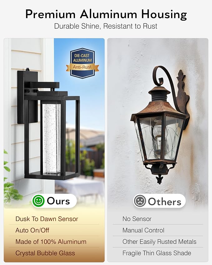 VIANIS Large Dusk to Dawn Sensor Porch Lights Outdoor, Black Exterior Garage Lighting Fixtures Wall Mount for House with Integrated 10W LED Light Source, Modern Outdoor Sconce Lantern for Patio, Coach